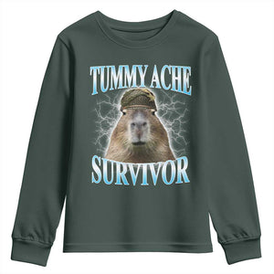 Tummy Ache Survivor Youth Sweatshirt Funny Capybara Meme For Animal Lover TS12 Dark Forest Green Print Your Wear