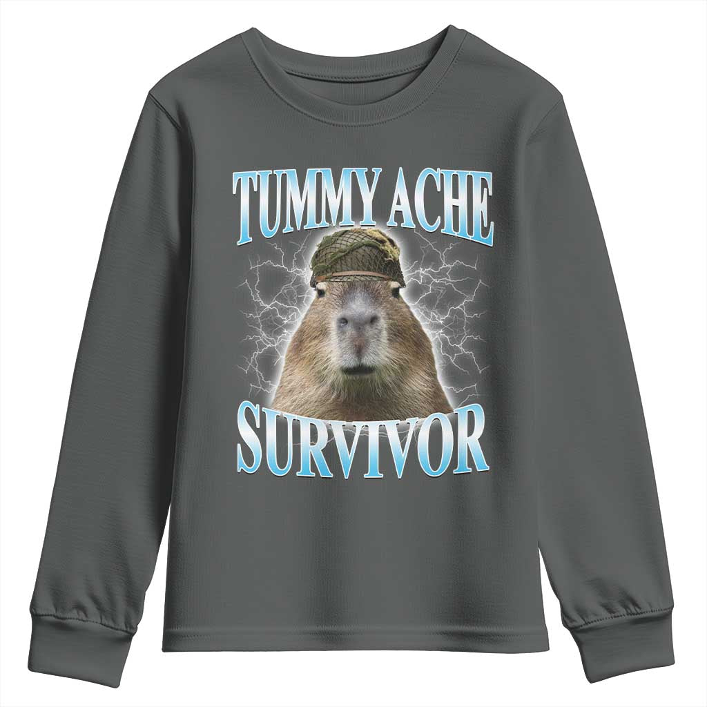 Tummy Ache Survivor Youth Sweatshirt Funny Capybara Meme For Animal Lover TS12 Dark Heather Print Your Wear