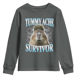 Tummy Ache Survivor Youth Sweatshirt Funny Capybara Meme For Animal Lover TS12 Dark Heather Print Your Wear