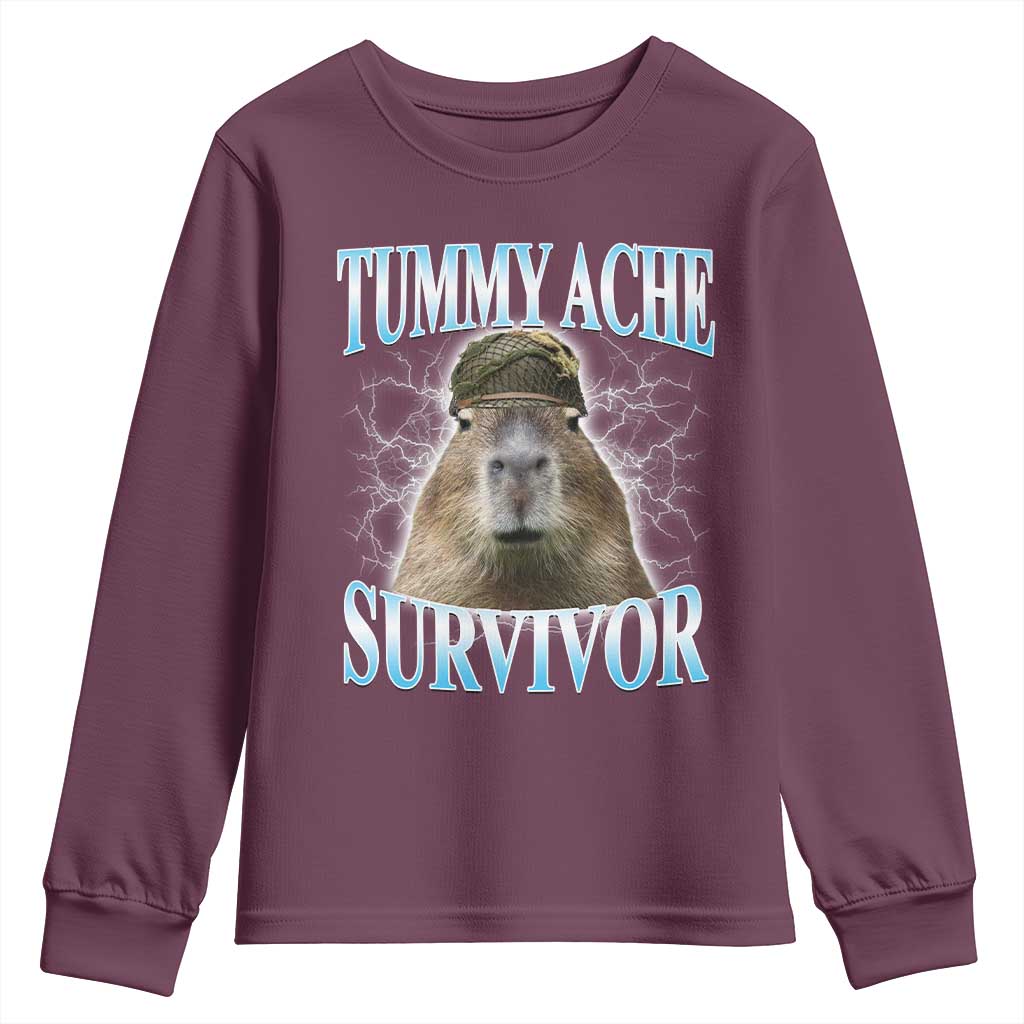 Tummy Ache Survivor Youth Sweatshirt Funny Capybara Meme For Animal Lover TS12 Maroon Print Your Wear
