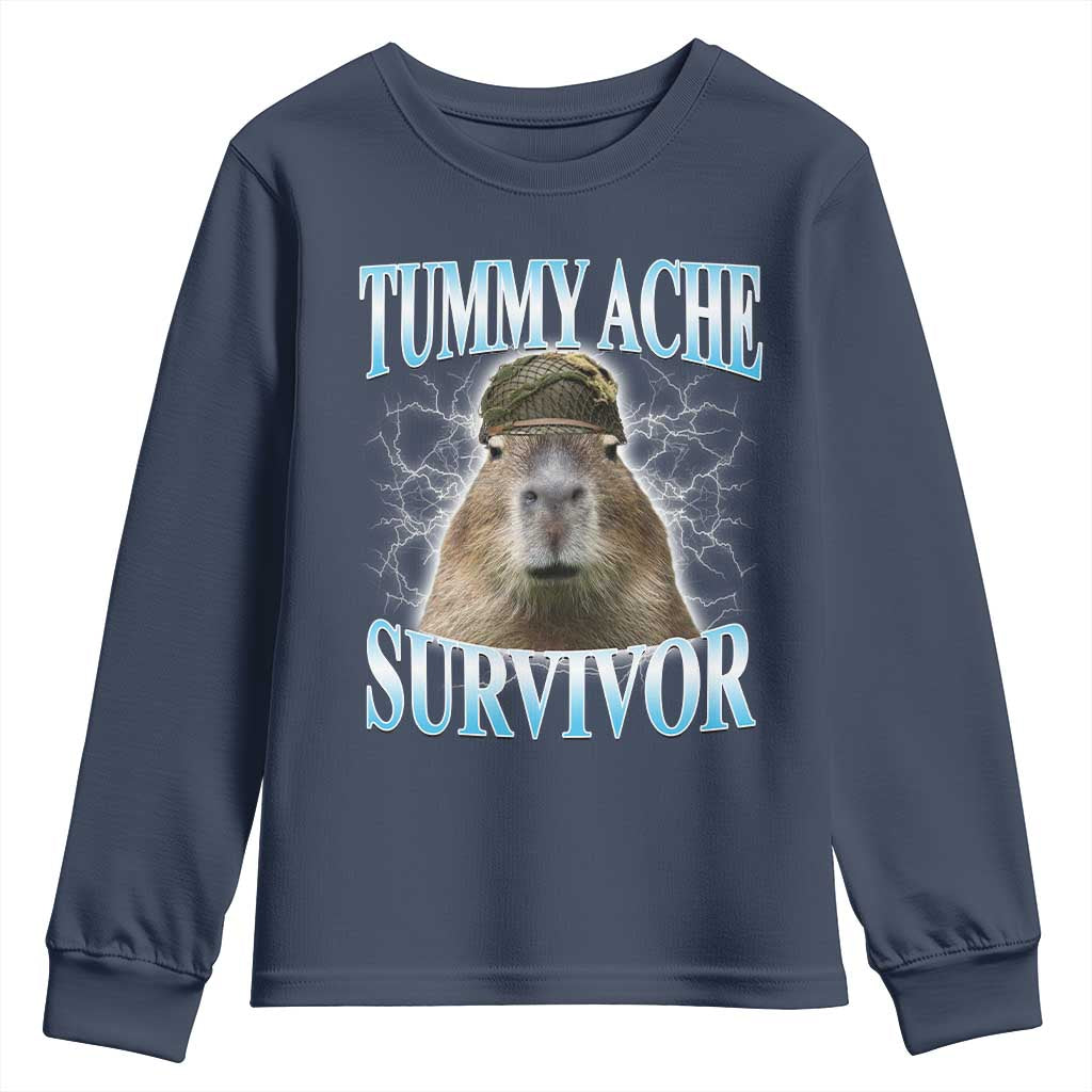 Tummy Ache Survivor Youth Sweatshirt Funny Capybara Meme For Animal Lover TS12 Navy Print Your Wear
