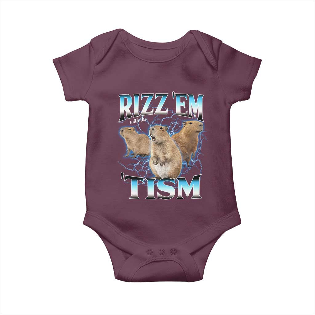 Autism Capybara Baby Onesie Funny Rizz Em With The Tism TS12 Maroon Print Your Wear
