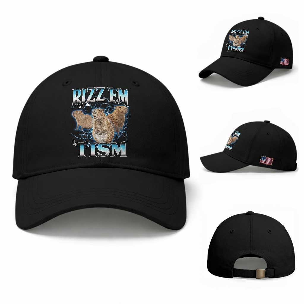 Autism Capybara Baseball Cap Funny Rizz Em With The Tism TS12 Baseball Cap Universal Fit Black Print Your Wear