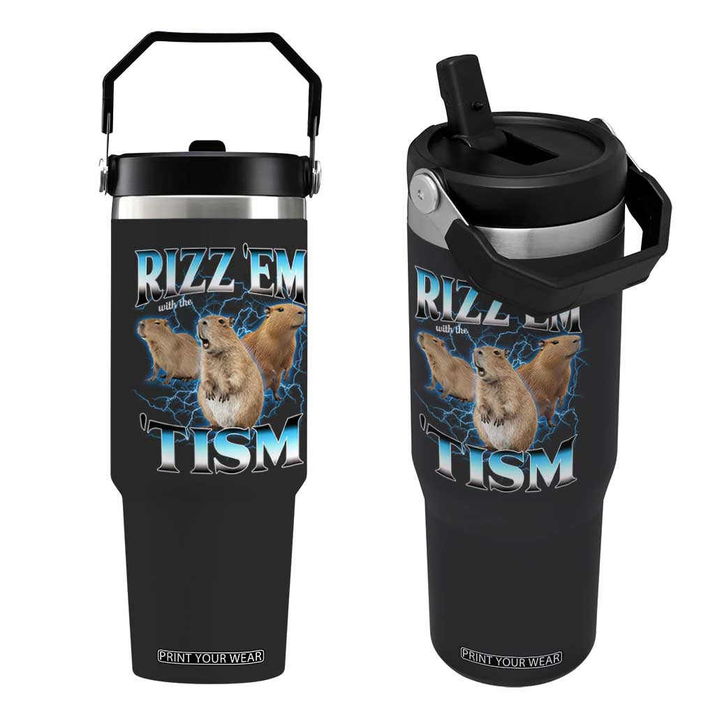 Autism Capybara Flip Straw Tumbler Funny Rizz Em With The Tism TS12 One Size: 30 oz Black Print Your Wear