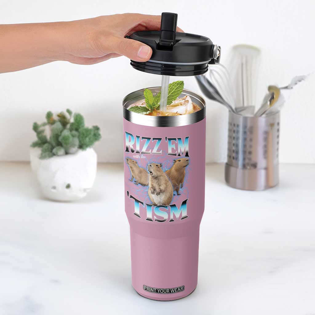 Autism Capybara Flip Straw Tumbler Funny Rizz Em With The Tism TS12 One Size: 30 oz Light Pink Print Your Wear