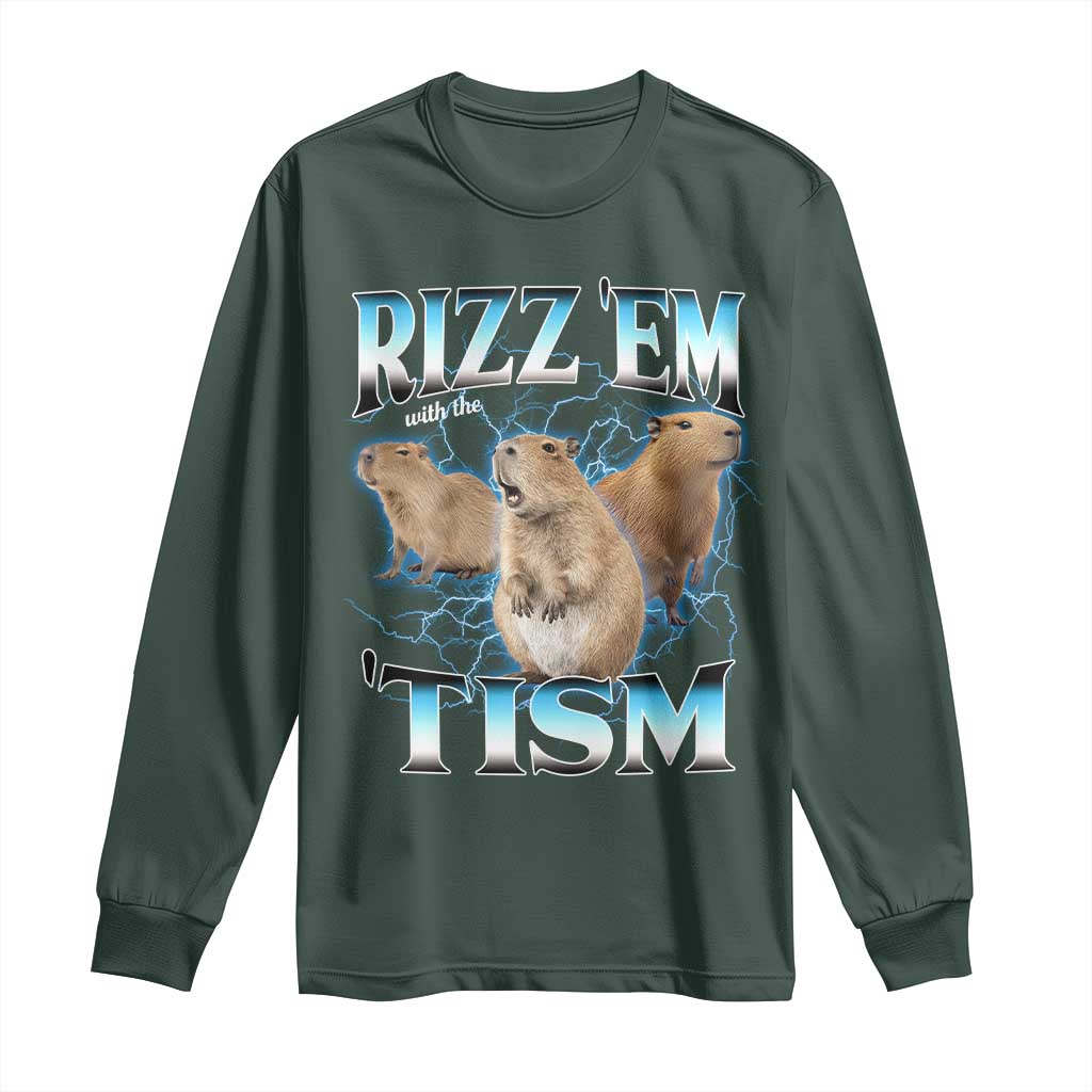 Autism Capybara Long Sleeve Shirt Funny Rizz Em With The Tism TS12 Dark Forest Green Print Your Wear