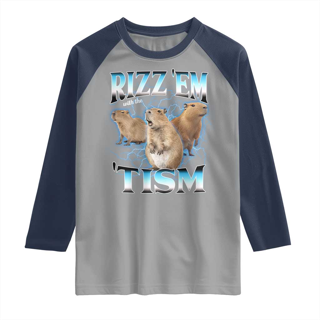 Autism Capybara Raglan Shirt Funny Rizz Em With The Tism TS12 Sport Gray Navy Print Your Wear
