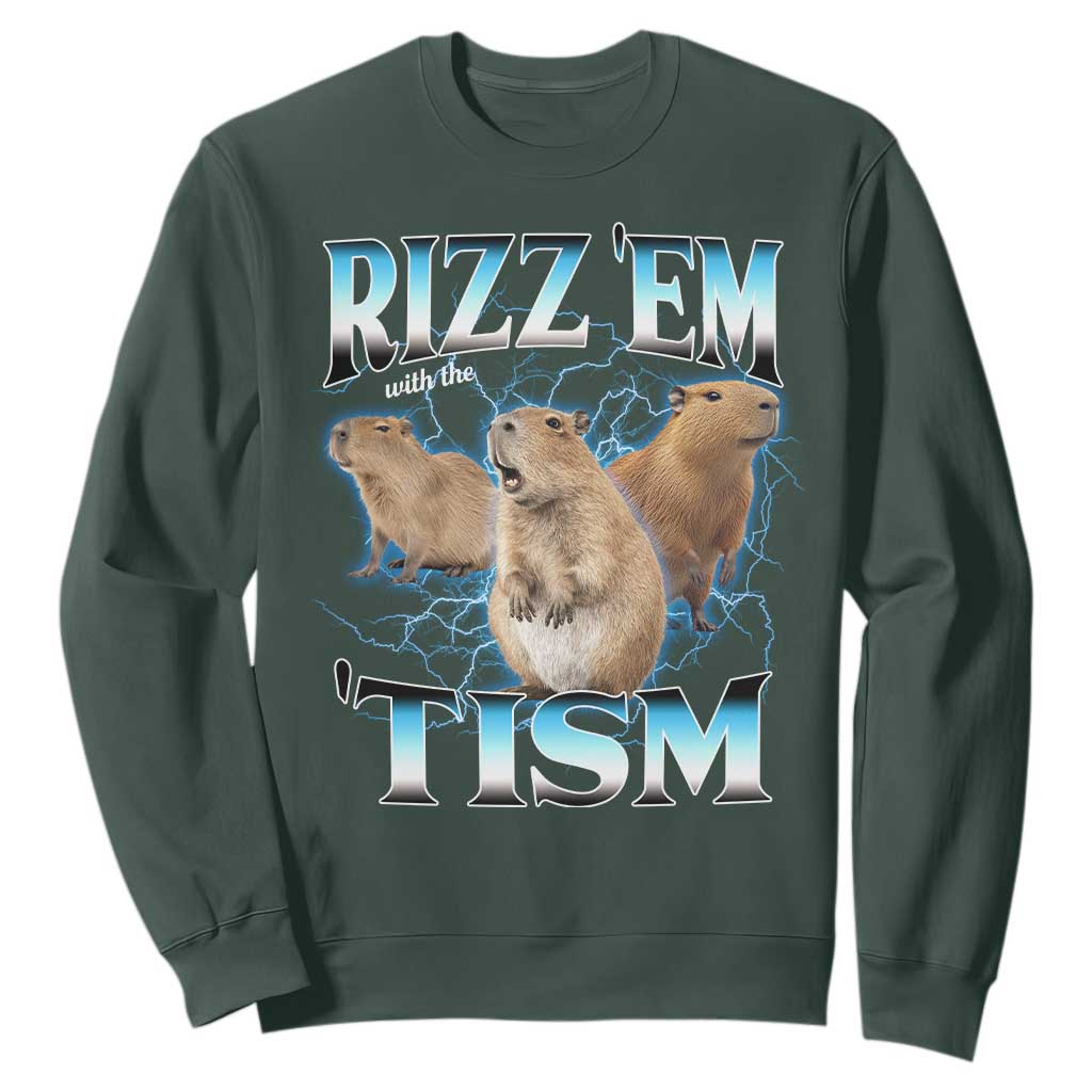 Autism Capybara Sweatshirt Funny Rizz Em With The Tism TS12 Dark Forest Green Print Your Wear