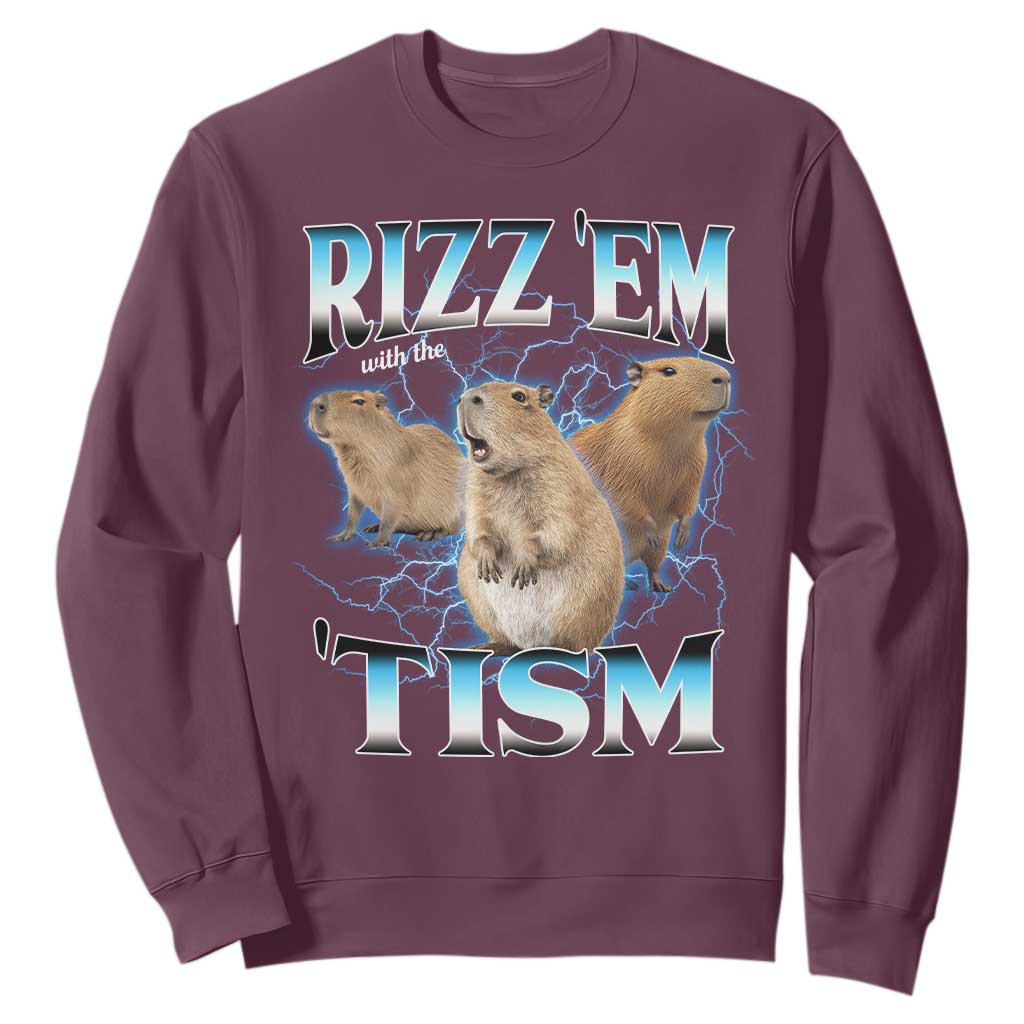 Autism Capybara Sweatshirt Funny Rizz Em With The Tism TS12 Maroon Print Your Wear
