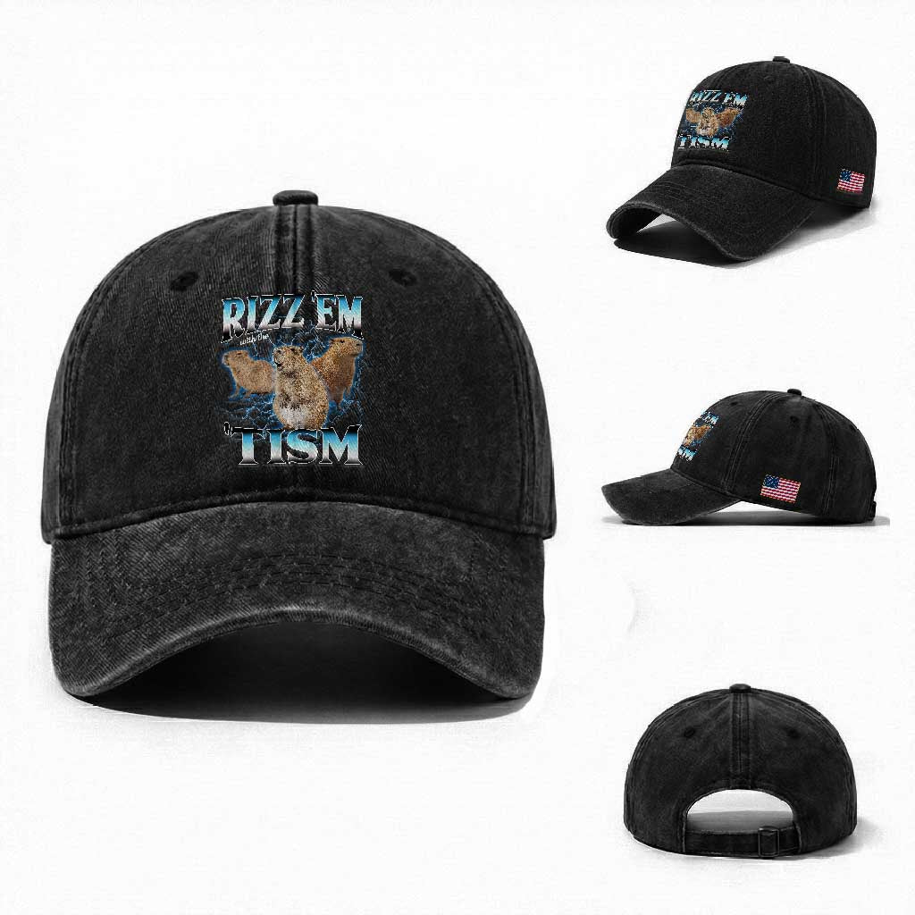 Autism Capybara Washed Cotton Baseball Cap Funny Rizz Em With The Tism TS12 Washed Cap Universal Fit Black Print Your Wear
