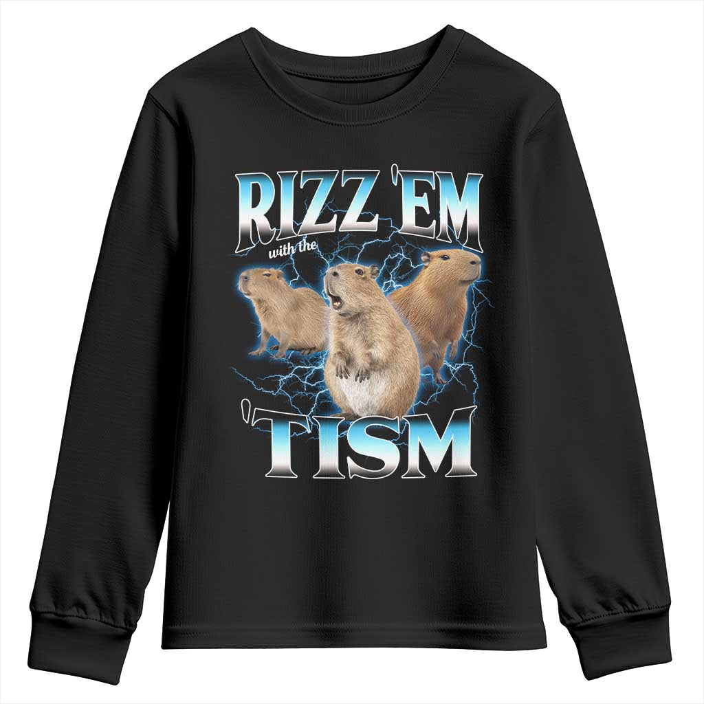 Autism Capybara Youth Sweatshirt Funny Rizz Em With The Tism TS12 Black Print Your Wear