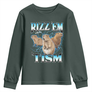 Autism Capybara Youth Sweatshirt Funny Rizz Em With The Tism TS12 Dark Forest Green Print Your Wear
