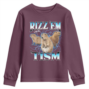 Autism Capybara Youth Sweatshirt Funny Rizz Em With The Tism TS12 Maroon Print Your Wear
