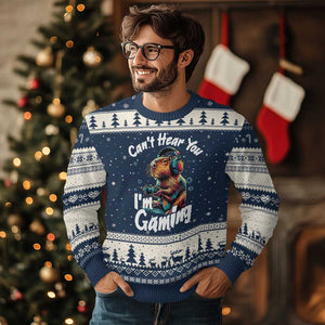 Funny Gamer Capybara Ugly Christmas Sweater Can Not Hear You I Am Gaming TS12 Navy Beige Print Your Wear