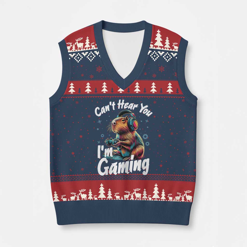 Funny Gamer Capybara V-Neck Knit Sweater Vest Can Not Hear You I Am Gaming TS12 Navy Red Print Your Wear