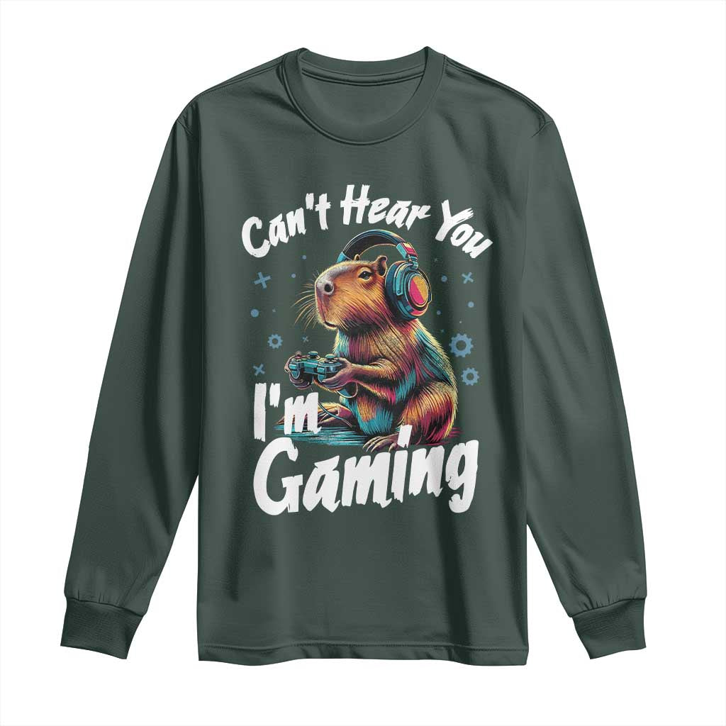 Funny Gamer Capybara Long Sleeve Shirt Can Not Hear You I Am Gaming TS12 Dark Forest Green Print Your Wear