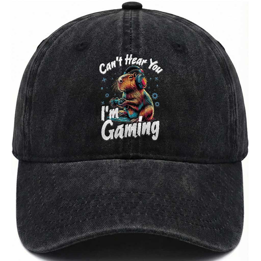 Funny Gamer Capybara Washed Cotton Baseball Cap Can Not Hear You I Am Gaming TS12 Print Your Wear