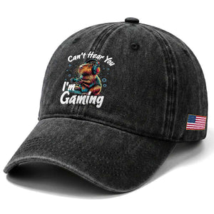 Funny Gamer Capybara Washed Cotton Baseball Cap Can Not Hear You I Am Gaming TS12 Print Your Wear