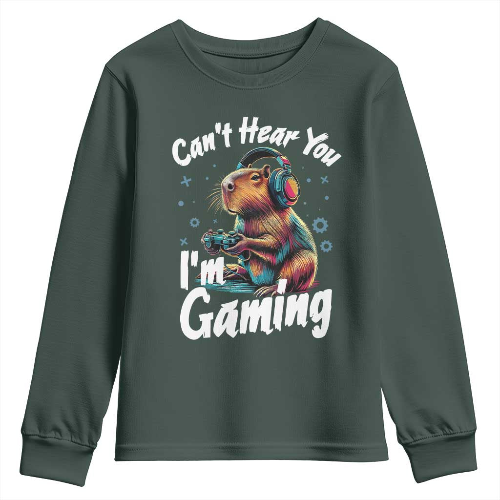 Funny Gamer Capybara Youth Sweatshirt Can Not Hear You I Am Gaming TS12 Dark Forest Green Print Your Wear