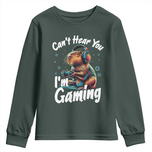 Funny Gamer Capybara Youth Sweatshirt Can Not Hear You I Am Gaming TS12 Dark Forest Green Print Your Wear