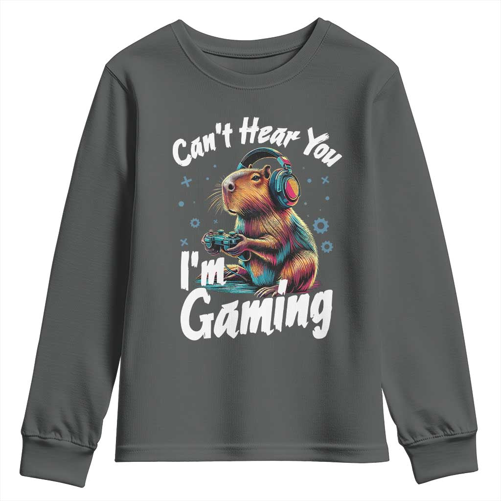 Funny Gamer Capybara Youth Sweatshirt Can Not Hear You I Am Gaming TS12 Dark Heather Print Your Wear