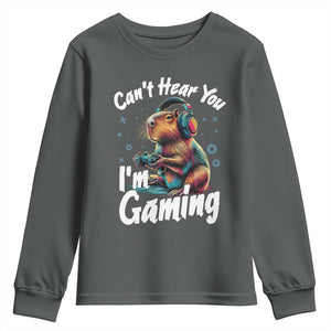 Funny Gamer Capybara Youth Sweatshirt Can Not Hear You I Am Gaming TS12 Dark Heather Print Your Wear