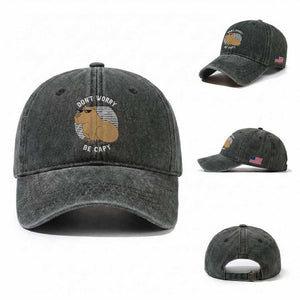 Funny Capybara Washed Cotton Baseball Cap Do Not Worry Be Capy Chill Animal Lover Gift TS12 Washed Cap Universal Fit Dark Green Print Your Wear
