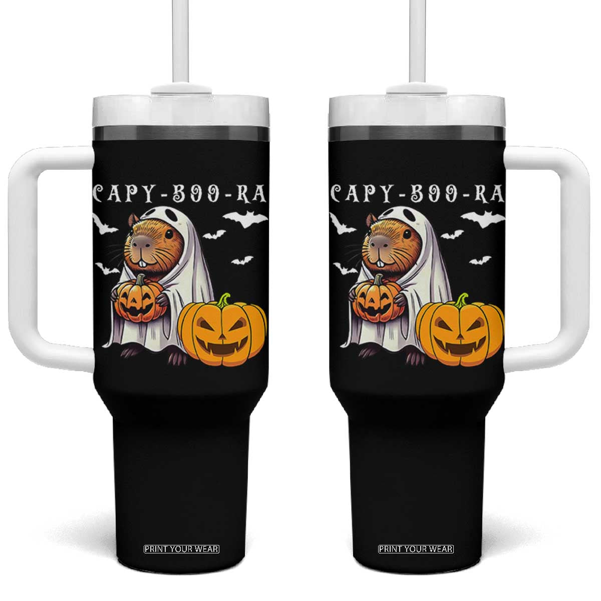 Funny Halloween Capy Boo Ra Tumbler With Handle Cute Capybara Boo Ghost TS12 One Size: 40 oz Black Print Your Wear