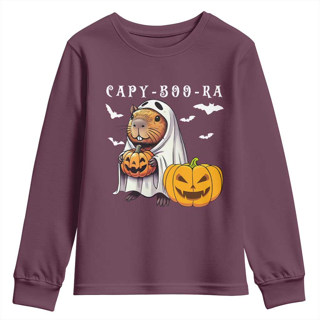 Funny Halloween Capy Boo Ra Youth Sweatshirt Cute Capybara Boo Ghost TS12 Maroon Print Your Wear