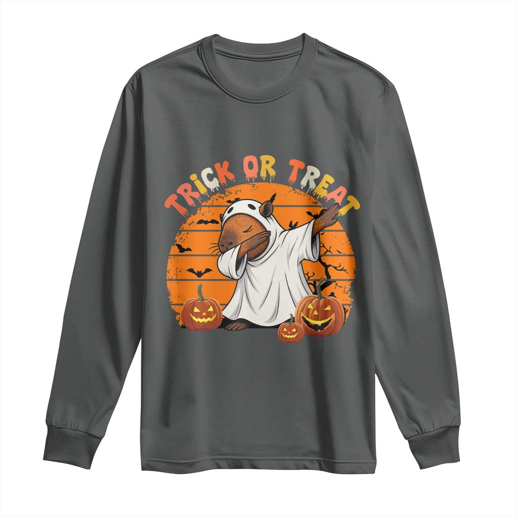 Funny Capybara Halloween Long Sleeve Shirt Trick Or Treat Cute Cappy Boo Ghost TS12 Dark Heather Print Your Wear