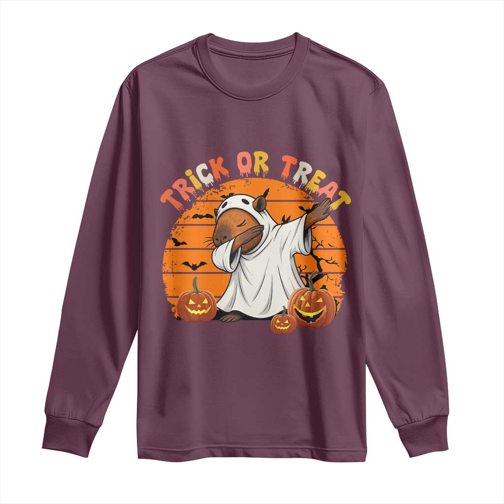 Funny Capybara Halloween Long Sleeve Shirt Trick Or Treat Cute Cappy Boo Ghost TS12 Maroon Print Your Wear