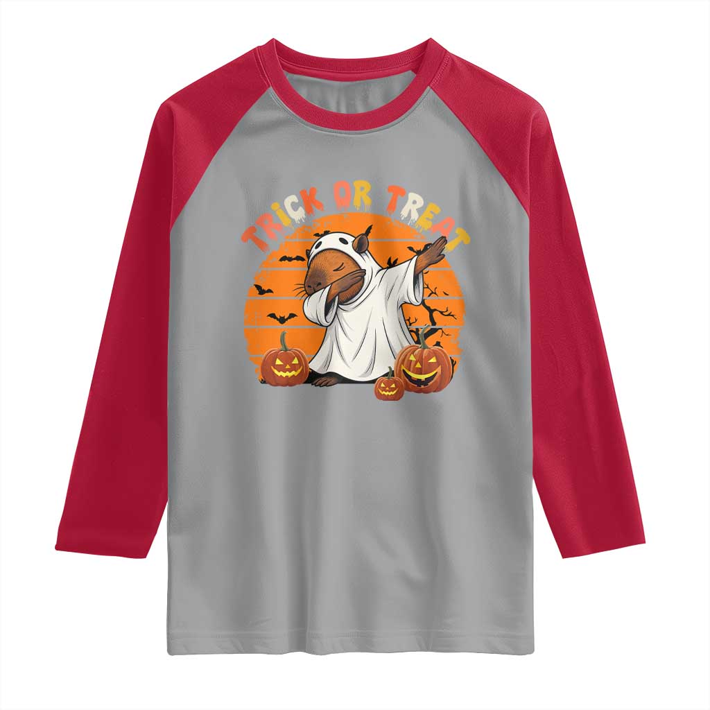Funny Capybara Halloween Raglan Shirt Trick Or Treat Cute Cappy Boo Ghost TS12 Sport Gray Red Print Your Wear