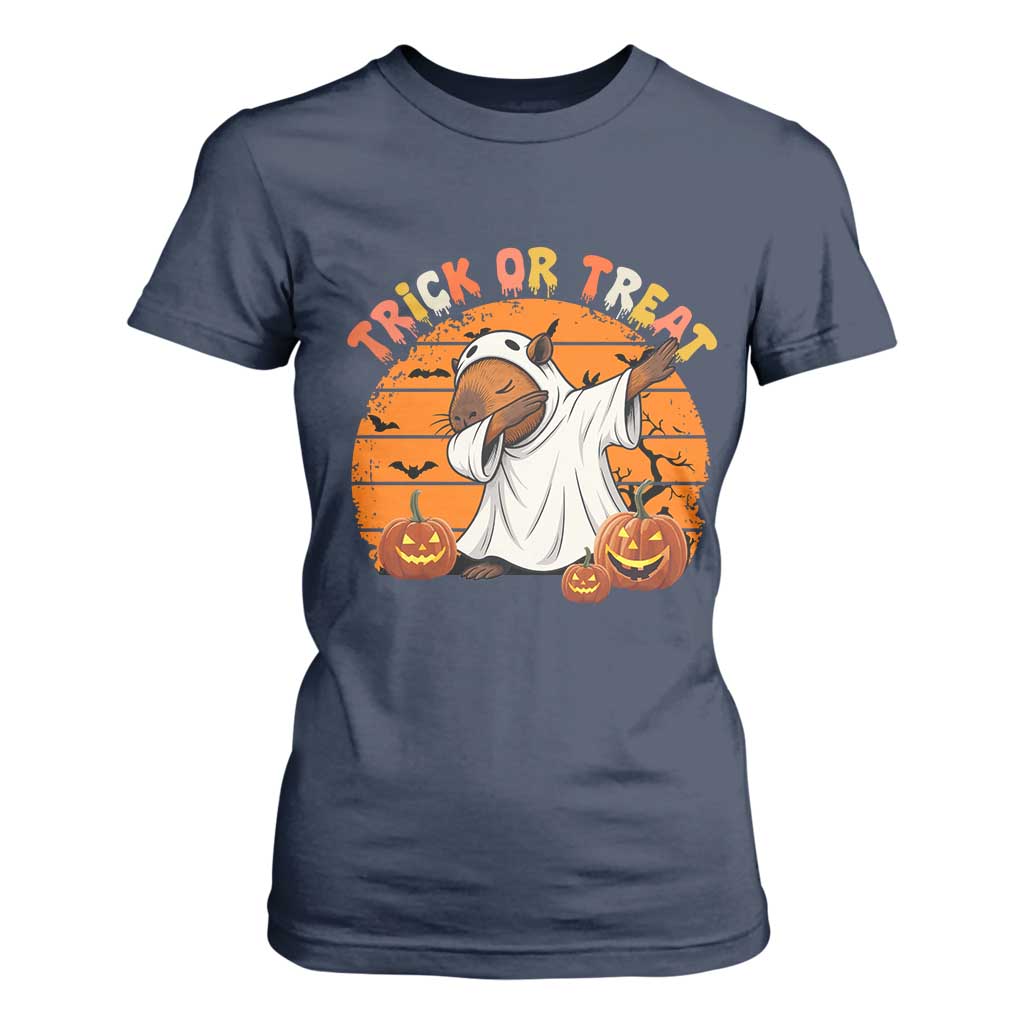 Funny Capybara Halloween T Shirt For Women Trick Or Treat Cute Cappy Boo Ghost TS12 Navy Print Your Wear