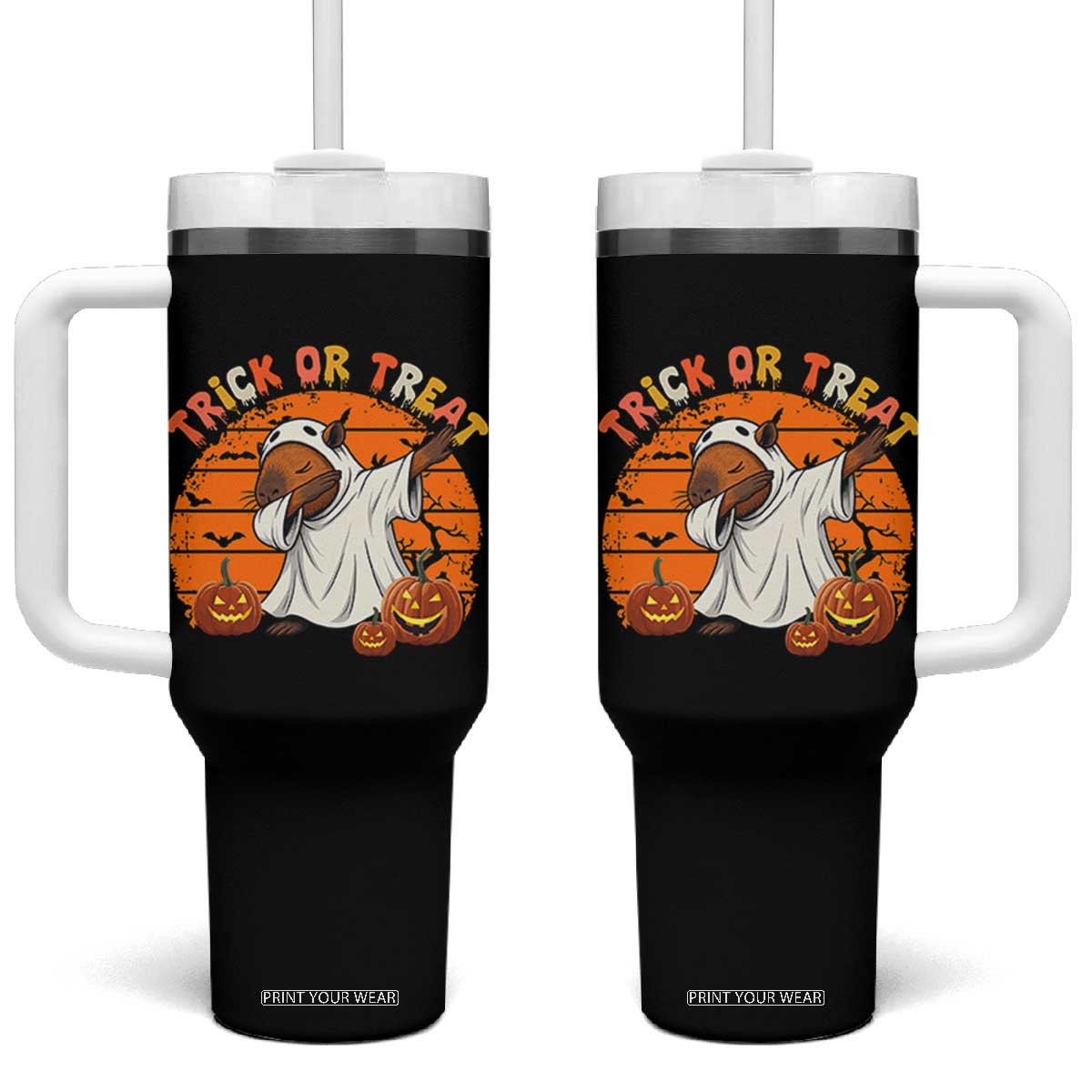 Funny Capybara Halloween Tumbler With Handle Trick Or Treat Cute Cappy Boo Ghost TS12 One Size: 40 oz Black Print Your Wear