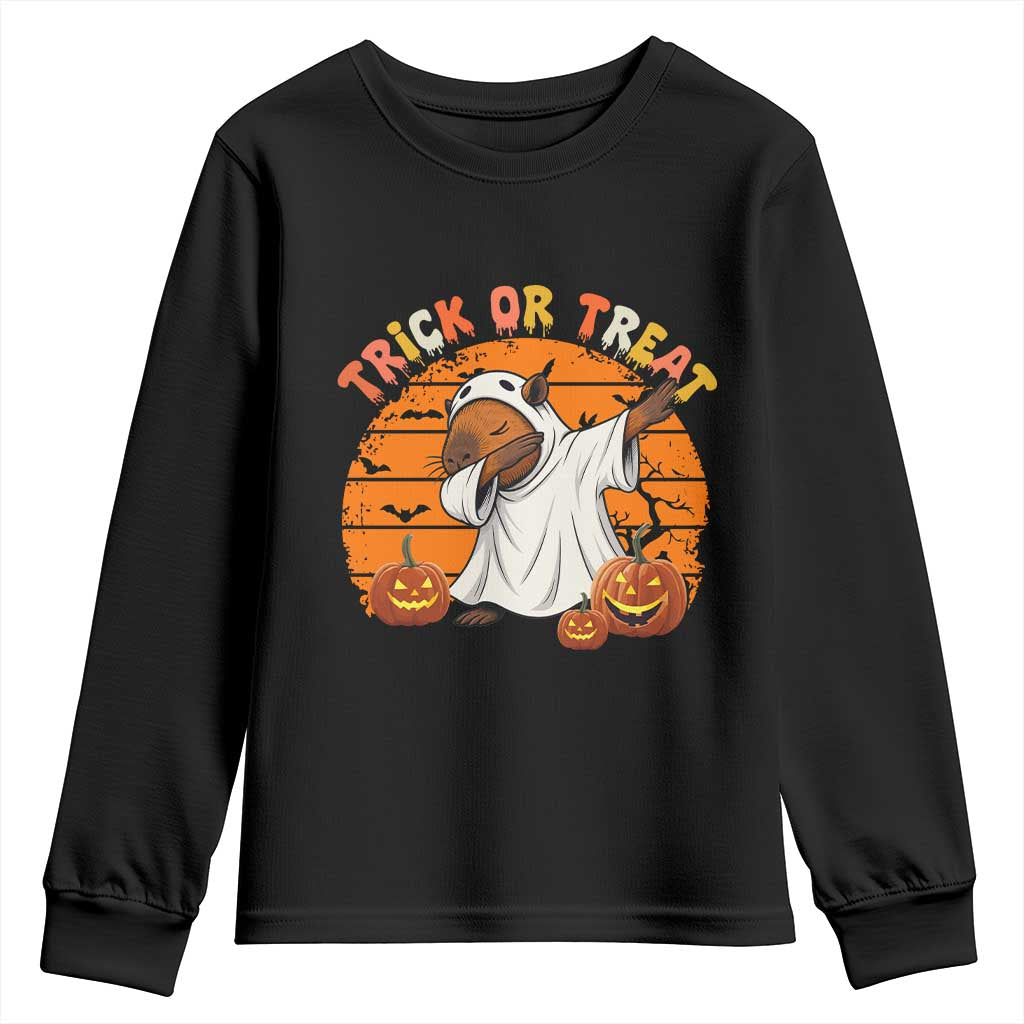 Funny Capybara Halloween Youth Sweatshirt Trick Or Treat Cute Cappy Boo Ghost TS12 Black Print Your Wear