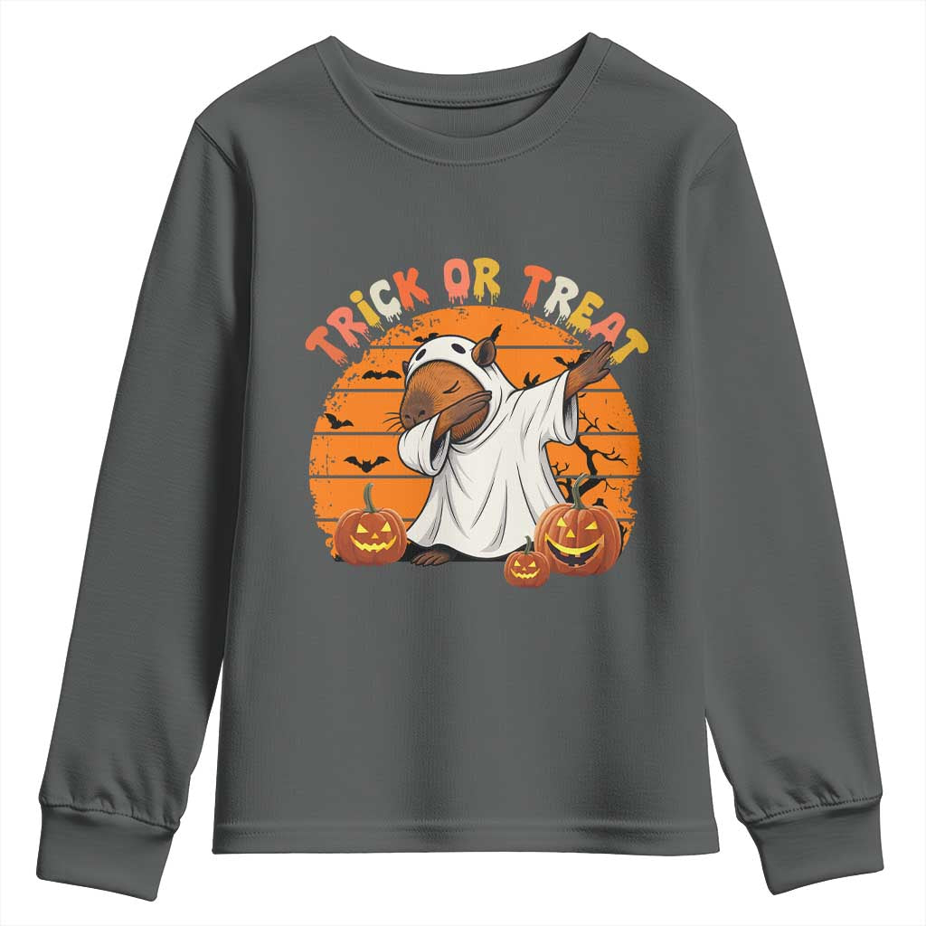 Funny Capybara Halloween Youth Sweatshirt Trick Or Treat Cute Cappy Boo Ghost TS12 Dark Heather Print Your Wear