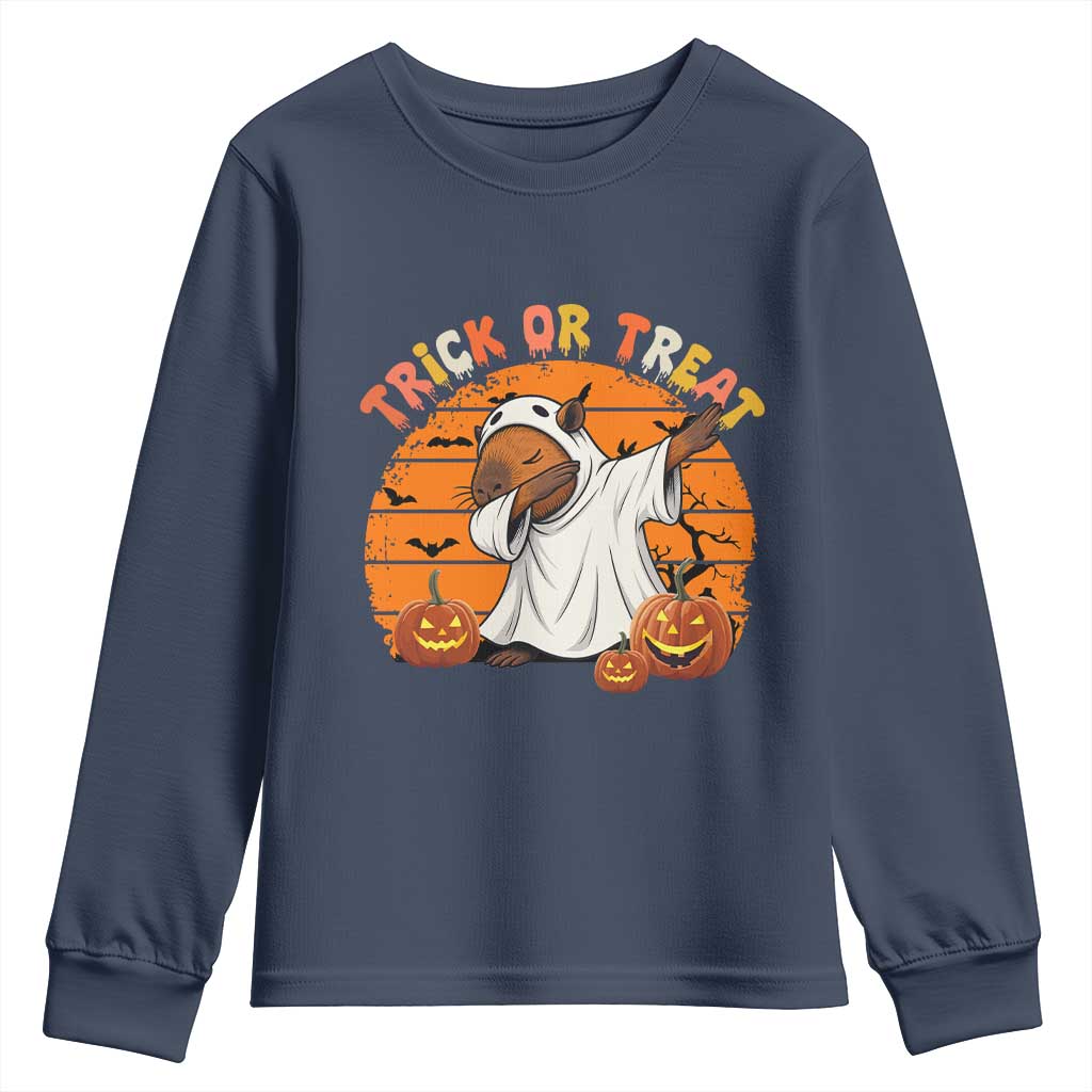 Funny Capybara Halloween Youth Sweatshirt Trick Or Treat Cute Cappy Boo Ghost TS12 Navy Print Your Wear