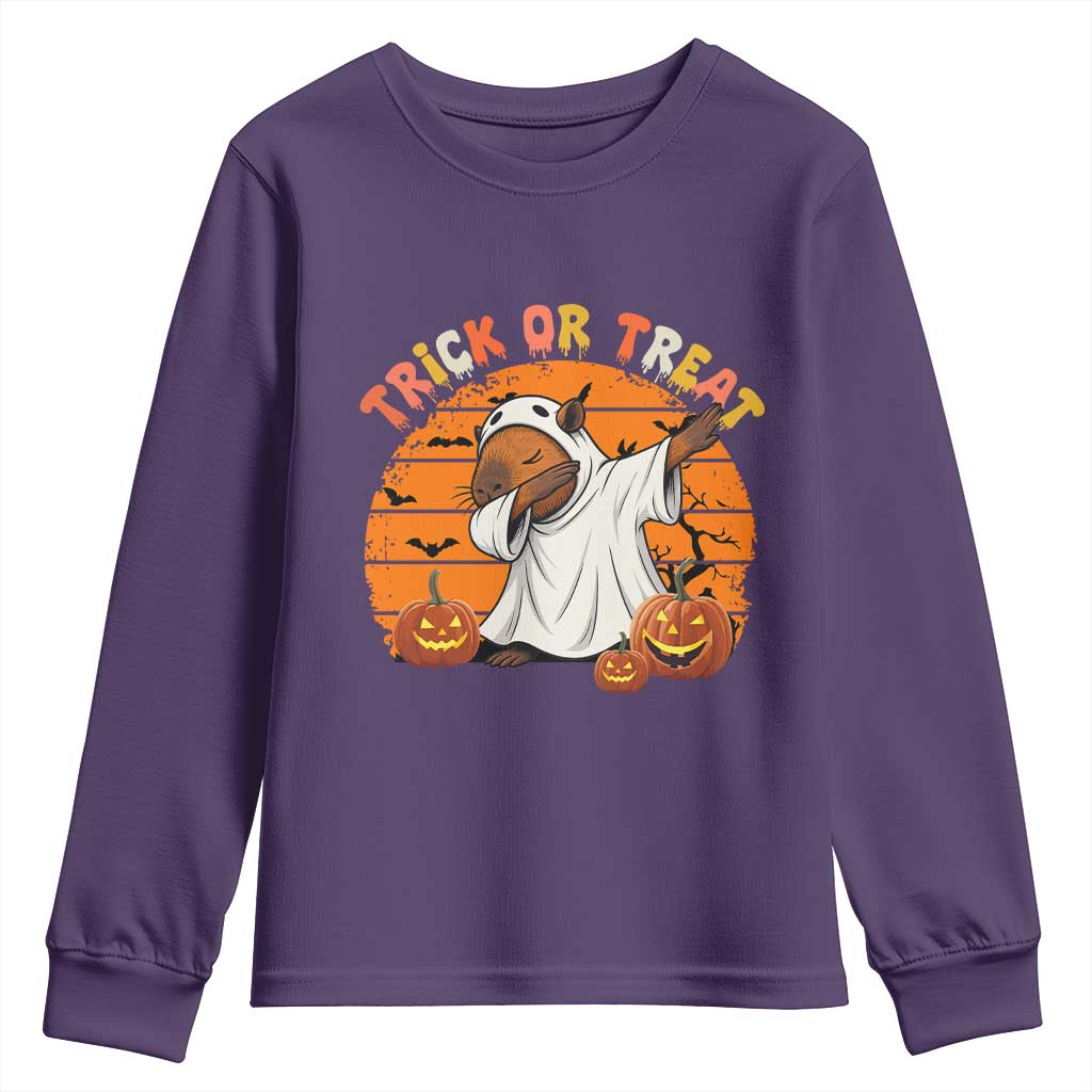 Funny Capybara Halloween Youth Sweatshirt Trick Or Treat Cute Cappy Boo Ghost TS12 Purple Print Your Wear