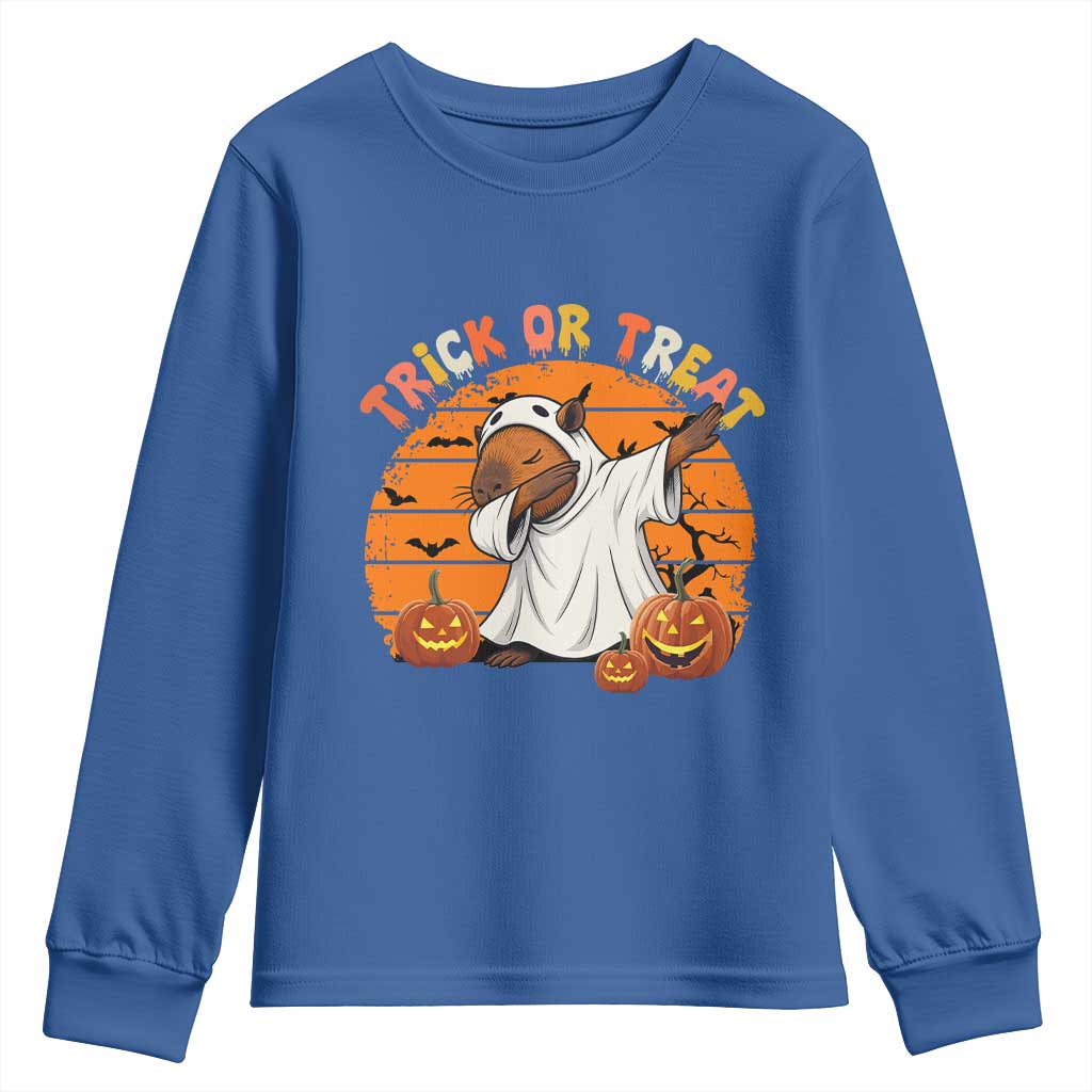 Funny Capybara Halloween Youth Sweatshirt Trick Or Treat Cute Cappy Boo Ghost TS12 Royal Blue Print Your Wear