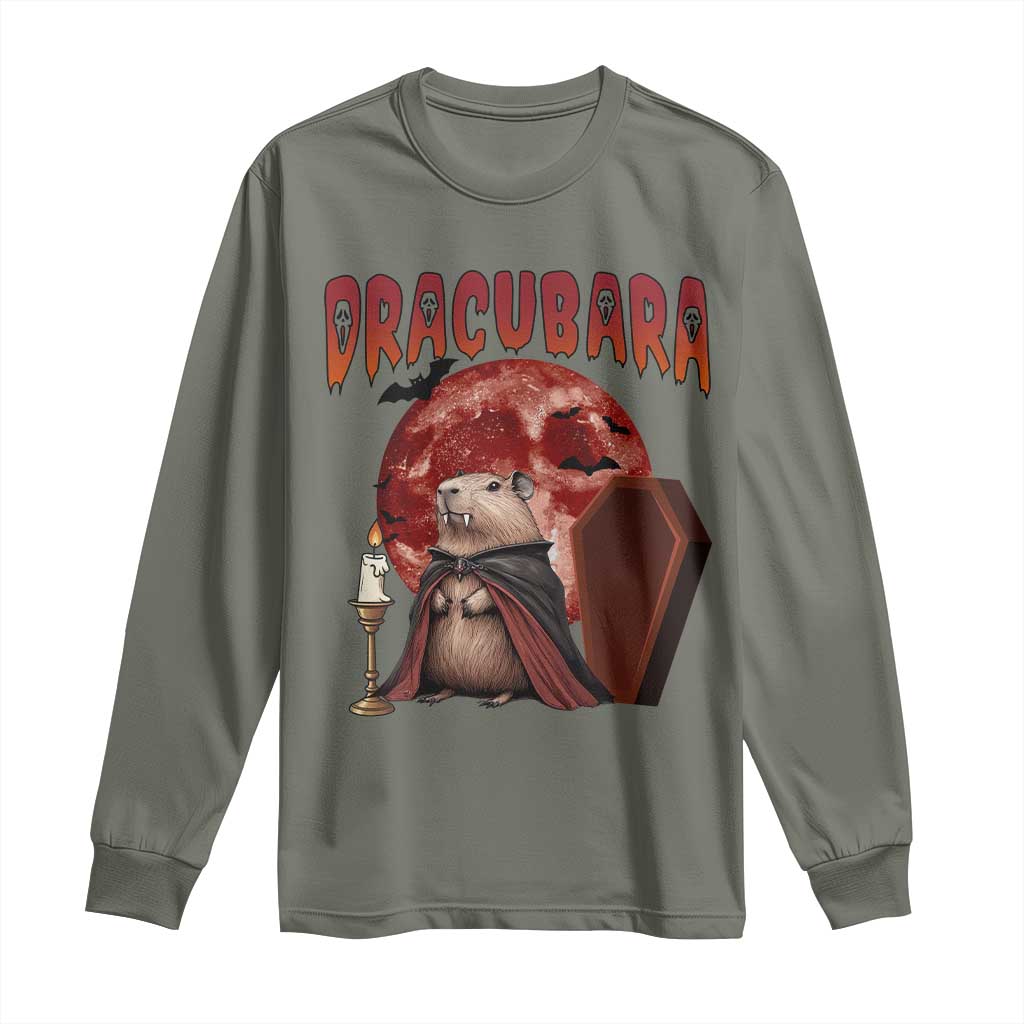 Halloween Capybara Long Sleeve Shirt Funny Dracubara In Dracula Outfit TS12 Military Green Print Your Wear