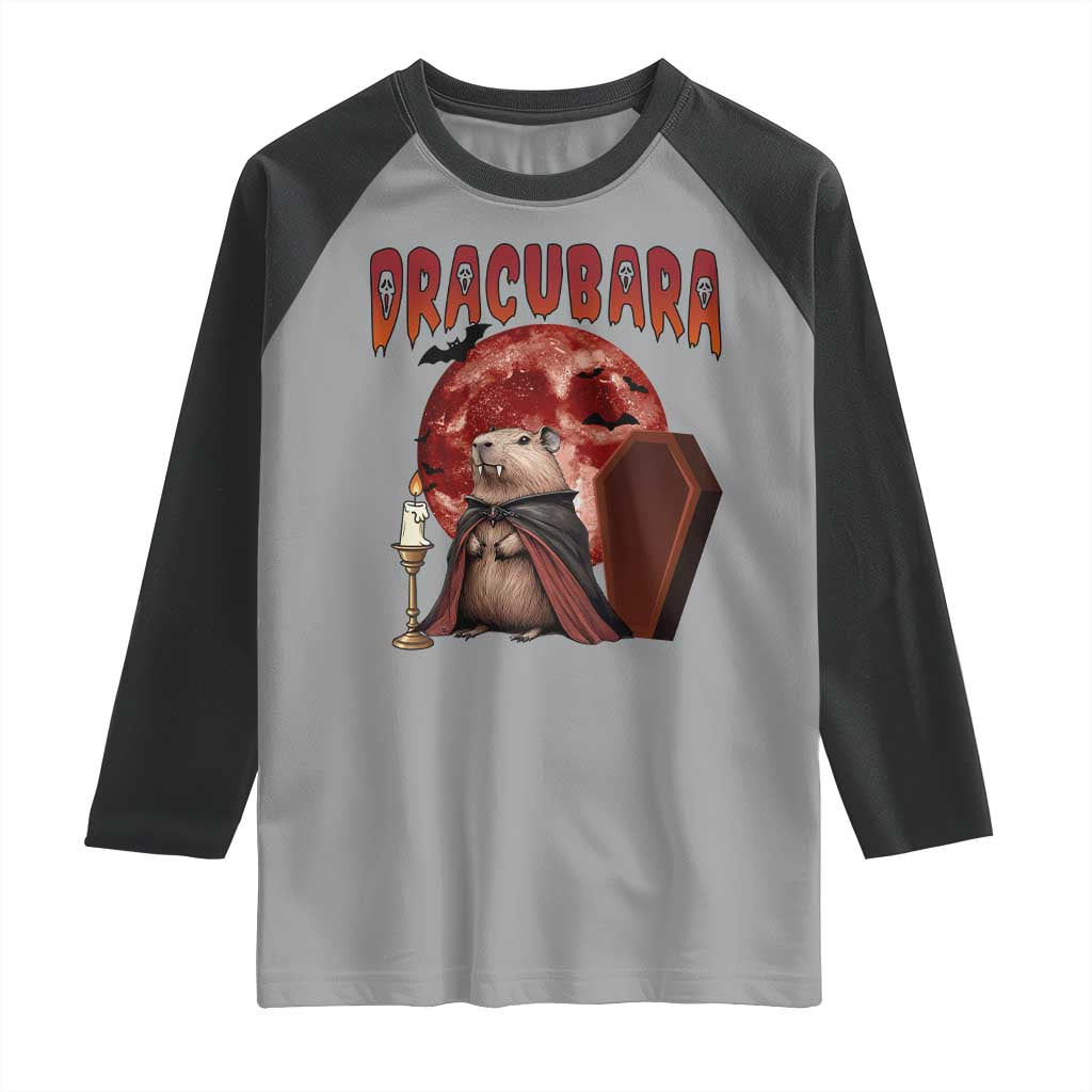 Halloween Capybara Raglan Shirt Funny Dracubara In Dracula Outfit TS12 Sport Gray Black Print Your Wear