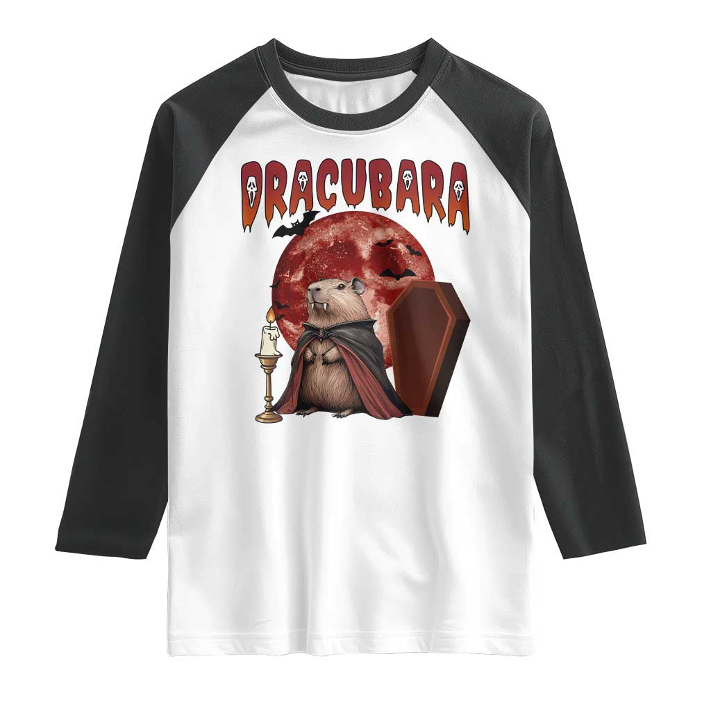 Halloween Capybara Raglan Shirt Funny Dracubara In Dracula Outfit TS12 White Black Print Your Wear