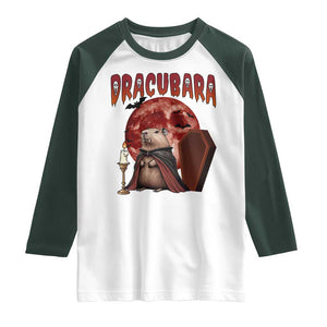 Halloween Capybara Raglan Shirt Funny Dracubara In Dracula Outfit TS12 White Dark Forest Green Print Your Wear