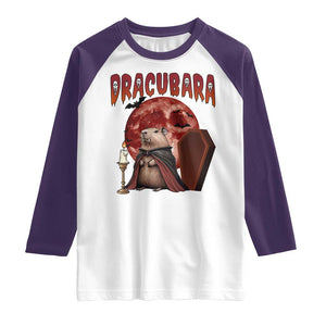 Halloween Capybara Raglan Shirt Funny Dracubara In Dracula Outfit TS12 White Purple Print Your Wear