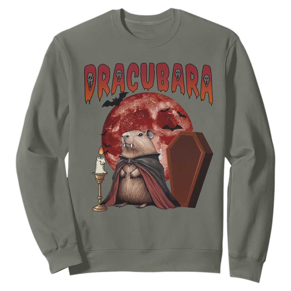 Halloween Capybara Sweatshirt Funny Dracubara In Dracula Outfit TS12 Military Green Print Your Wear