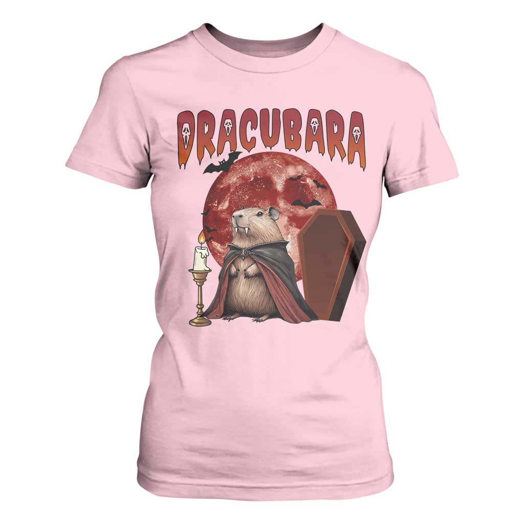 Halloween Capybara T Shirt For Women Funny Dracubara In Dracula Outfit TS12 Light Pink Print Your Wear