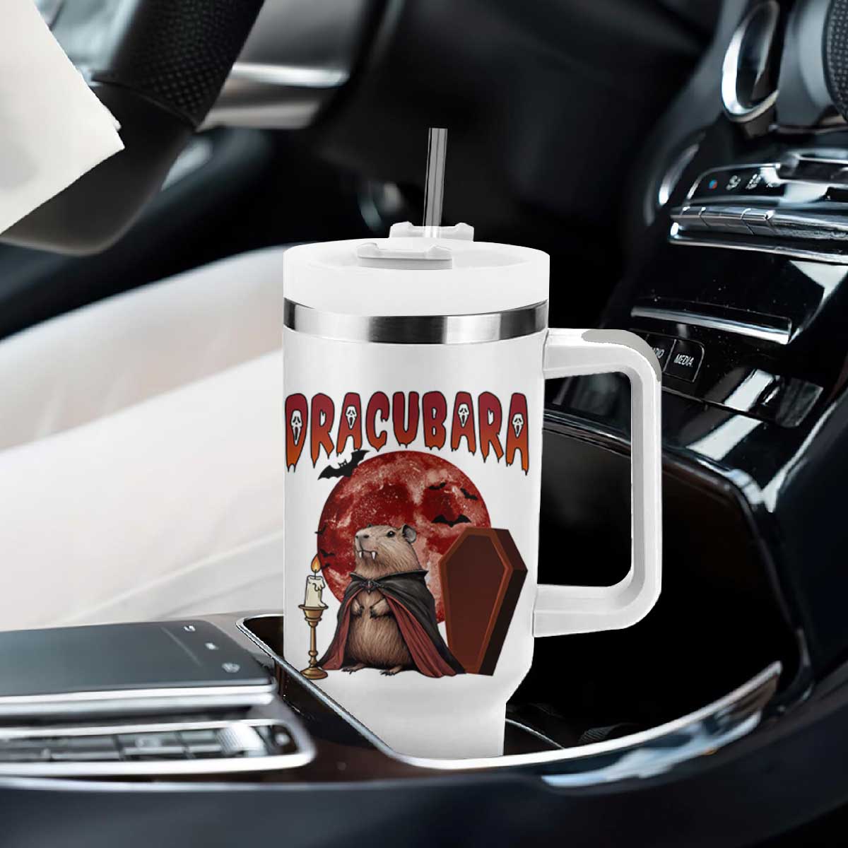 Halloween Capybara Tumbler With Handle Funny Dracubara In Dracula Outfit TS12 Print Your Wear