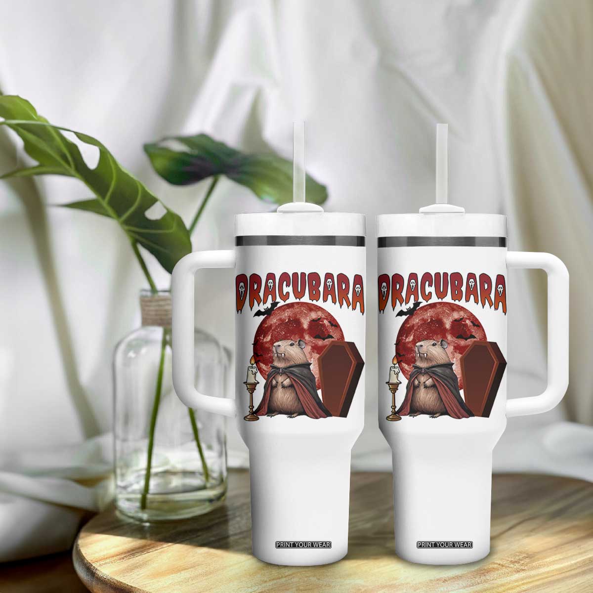 Halloween Capybara Tumbler With Handle Funny Dracubara In Dracula Outfit TS12 Print Your Wear