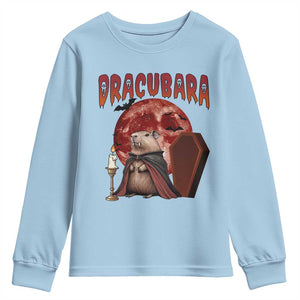 Halloween Capybara Youth Sweatshirt Funny Dracubara In Dracula Outfit TS12 Light Blue Print Your Wear