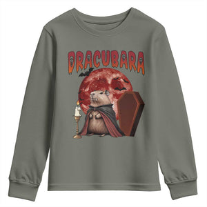 Halloween Capybara Youth Sweatshirt Funny Dracubara In Dracula Outfit TS12 Military Green Print Your Wear